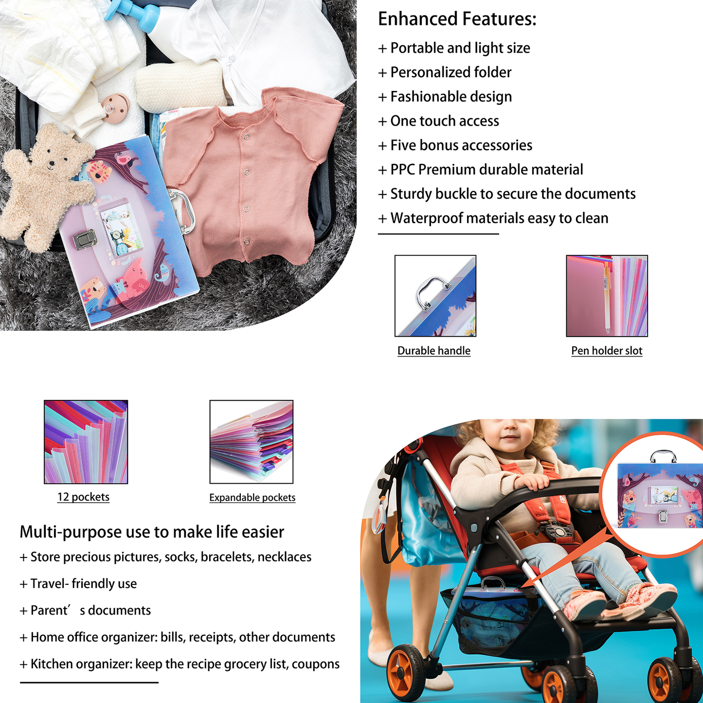 Baby Document Organizer with 12 Pockets – Durable Keepsake Folder for Boys & Girls, with Silver Handle & Lock, Ideal for Baby & Pregnancy Records