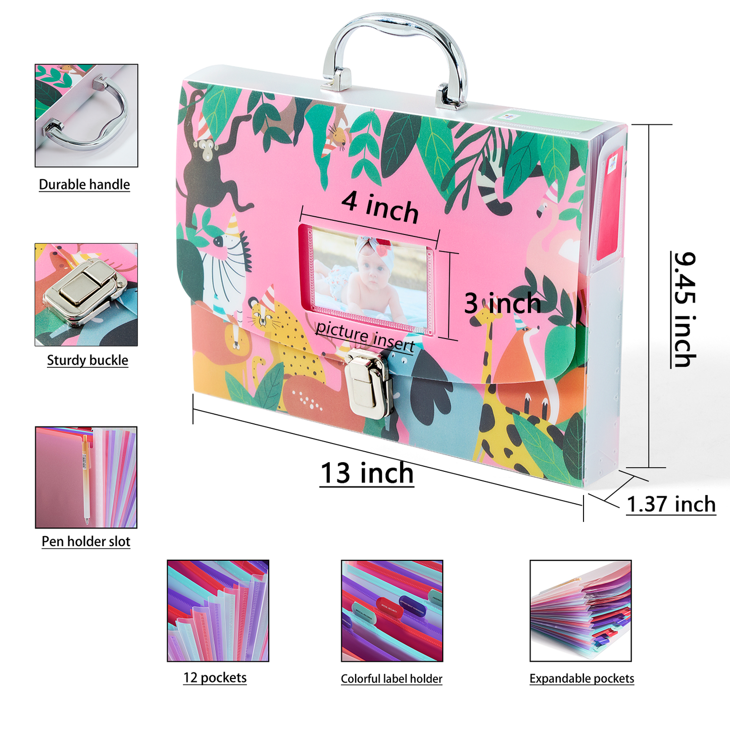 Baby Document Organizer with 12 Pockets – Durable Keepsake Folder for Boys & Girls, Silver Metal Handle & Lock, Perfect for Pregnancy & Baby Records