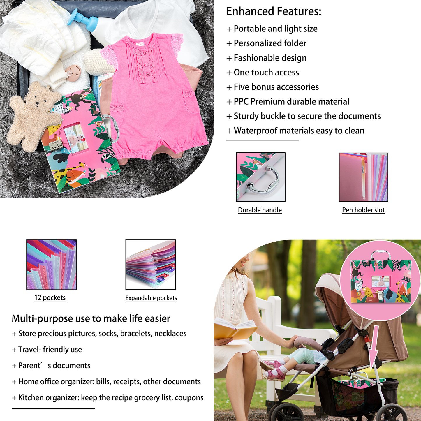 Baby Document Organizer with 12 Pockets – Durable Keepsake Folder for Boys & Girls, Silver Metal Handle & Lock, Perfect for Pregnancy & Baby Records
